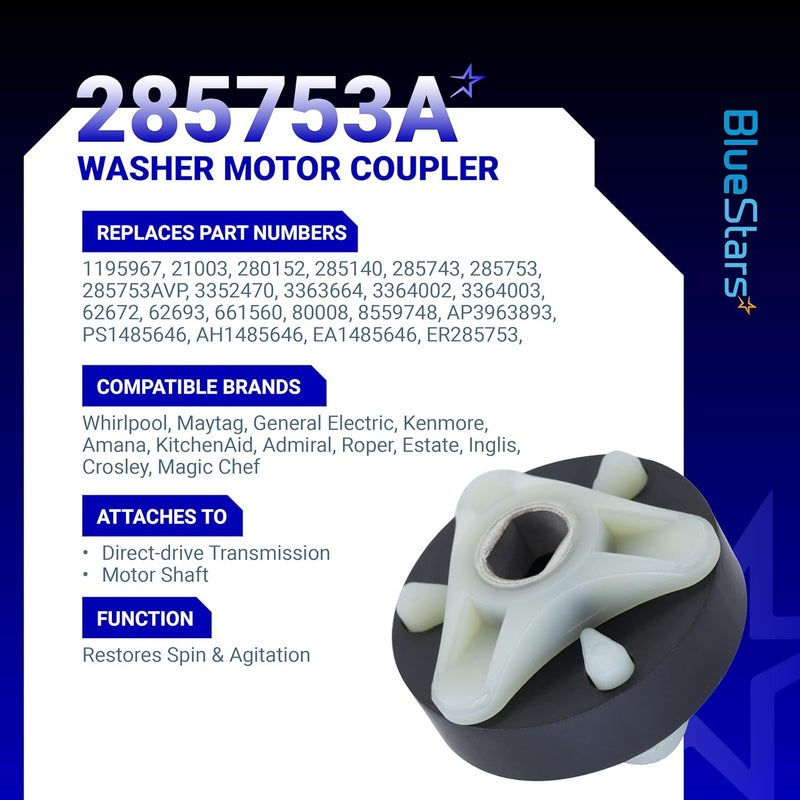 مجموعة توصيل المحرك الأساسي المعدني 285753A من BlueStars لغسالات Kenmore Whirlpool - بديل لـ AP3963893, PS1485646, 1195967, 285753AVP, 21003, 280152, 85140, 285743 - خدمة شاقة جودة مكيفة للمناخ - Image 2