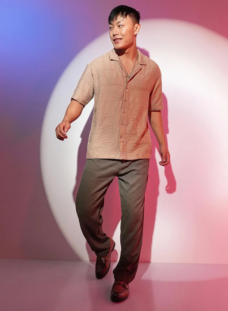 Campus Sutra Men's Tan Brown Graph-Tactile Oversized Shirt