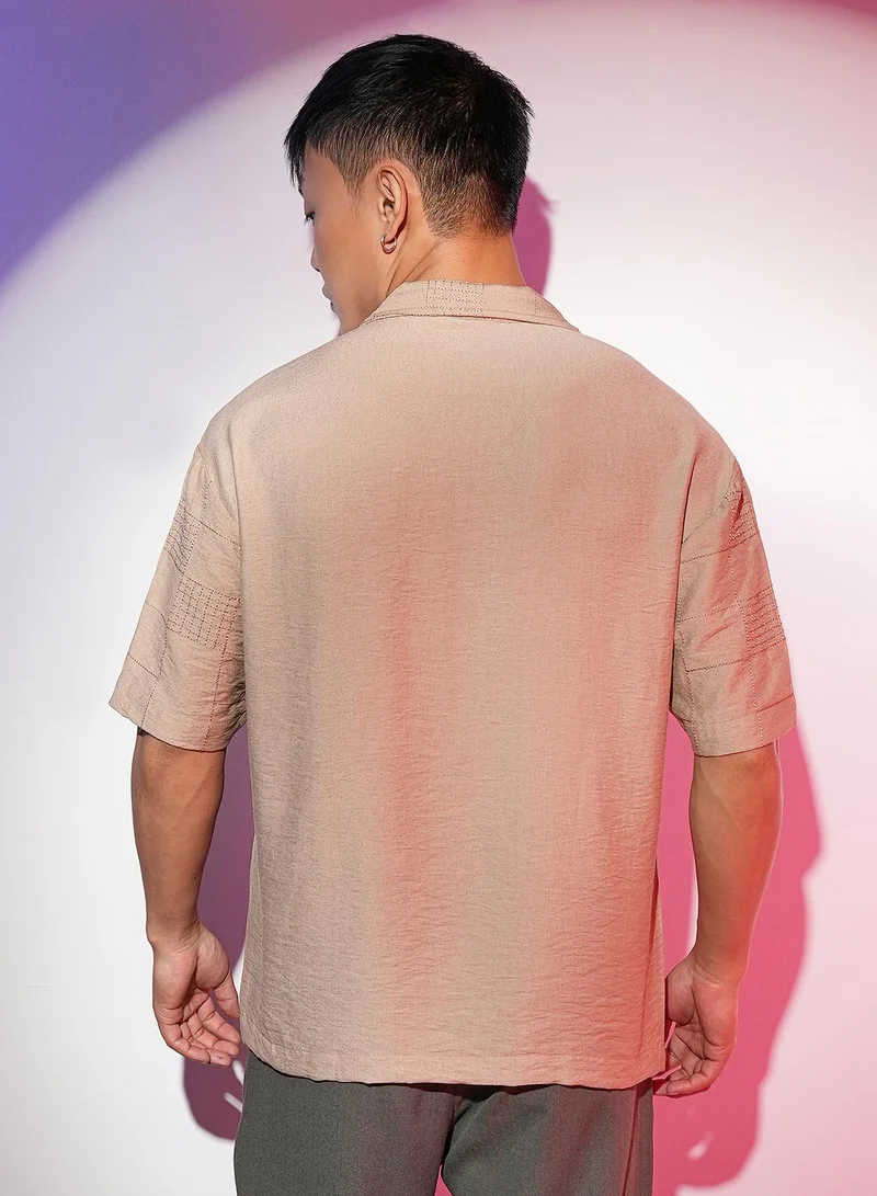 Campus Sutra Men's Tan Brown Graph-Tactile Oversized Shirt