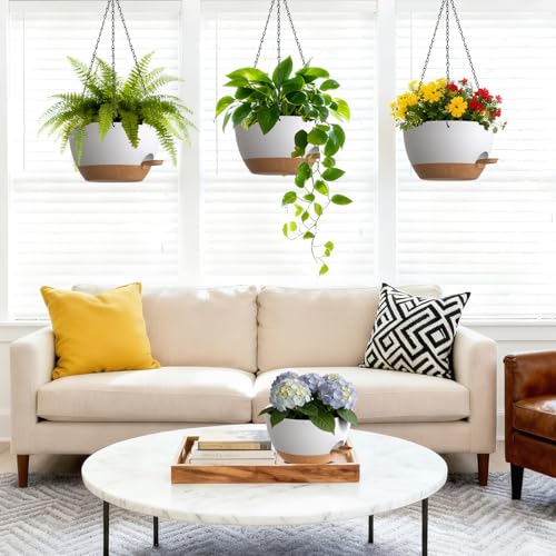 UOUZ Set of 310 Inch Self Watering Hanging Planters for Indoor OutdoorHanging Plant Pots with Drainage Removable Tray Hanging Pots Holder for Pothos Plant Ferns Balcony PatioWhite with Brown - Image 3