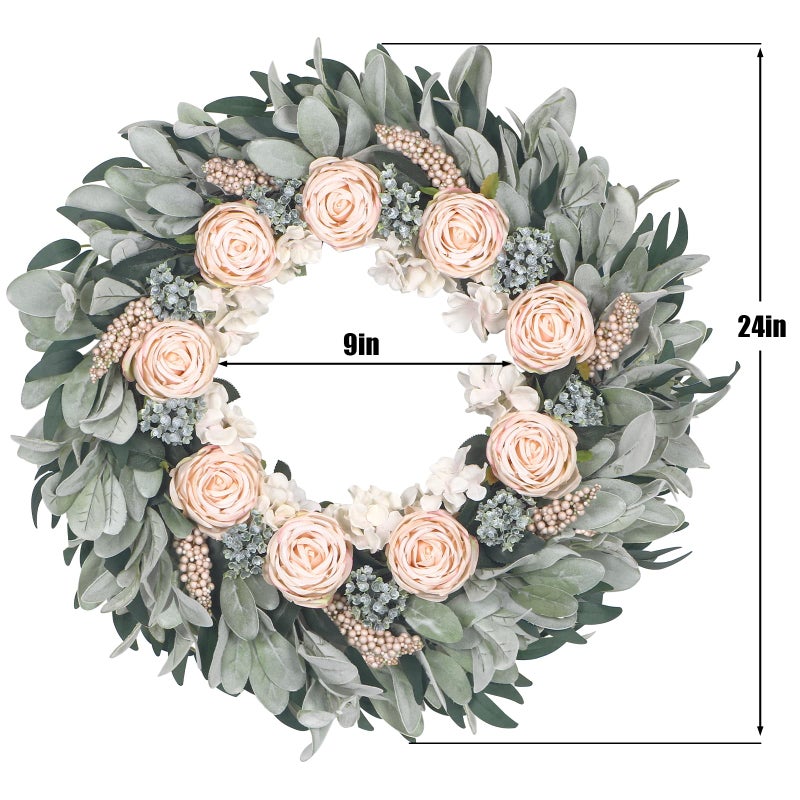 Kmise 24" Wreaths for Front Door, Apricot Rose Wreath with Flocked Lamb Ear for Wall Window Home Porch Indoor Wedding Anniversary Festival DÃ©cor - Image 2