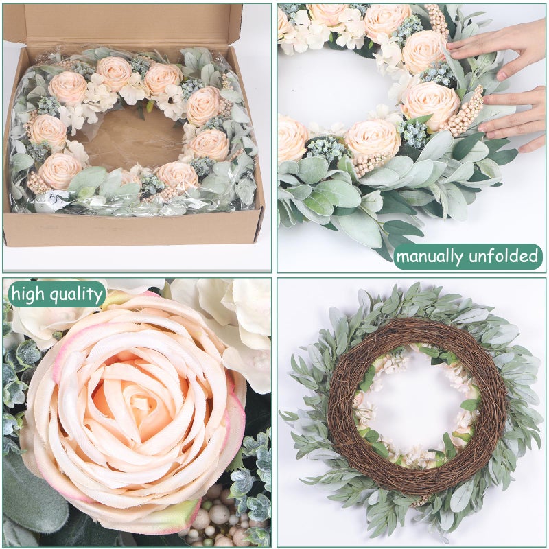 Kmise 24" Wreaths for Front Door, Apricot Rose Wreath with Flocked Lamb Ear for Wall Window Home Porch Indoor Wedding Anniversary Festival DÃ©cor - Image 4