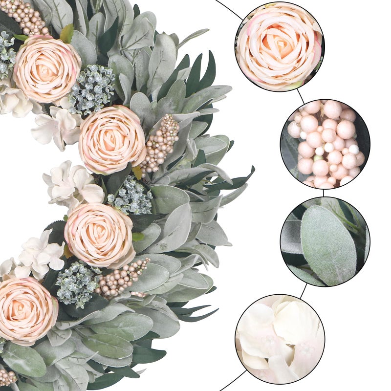 Kmise 24" Wreaths for Front Door, Apricot Rose Wreath with Flocked Lamb Ear for Wall Window Home Porch Indoor Wedding Anniversary Festival DÃ©cor - Image 3