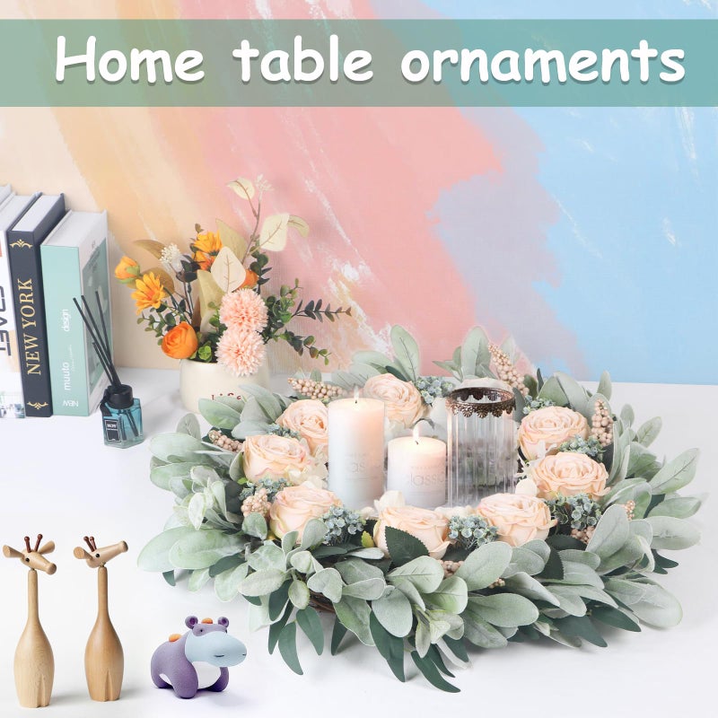 Kmise 24" Wreaths for Front Door, Apricot Rose Wreath with Flocked Lamb Ear for Wall Window Home Porch Indoor Wedding Anniversary Festival DÃ©cor - Image 5