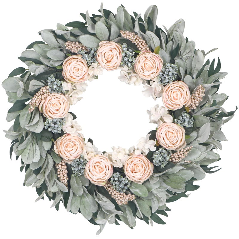 Kmise 24" Wreaths for Front Door, Apricot Rose Wreath with Flocked Lamb Ear for Wall Window Home Porch Indoor Wedding Anniversary Festival DÃ©cor - Image 1