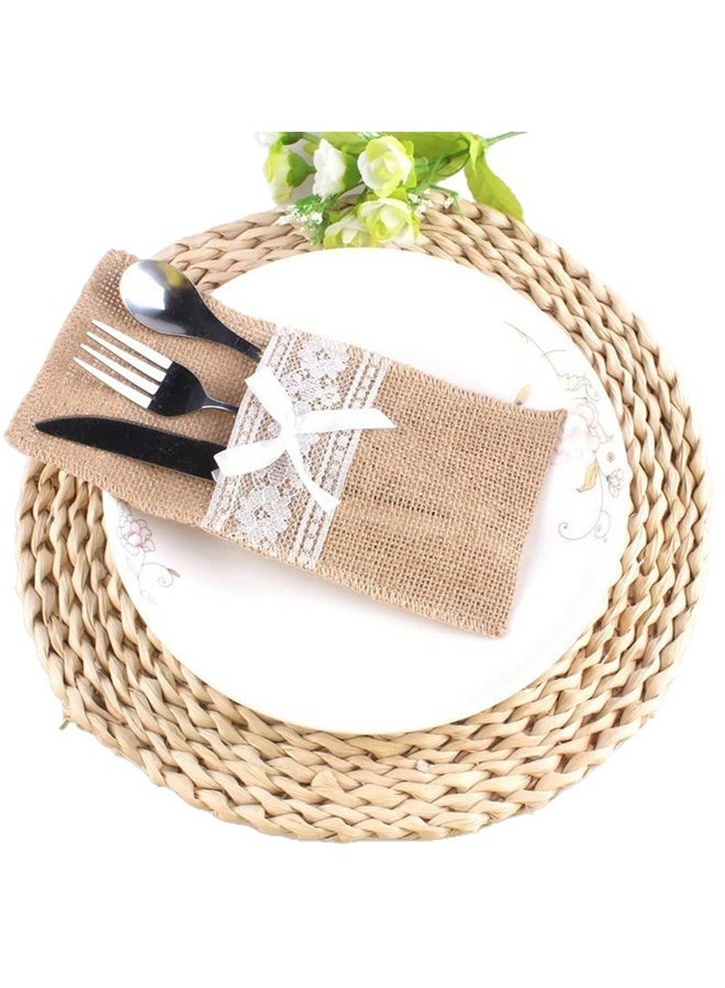 10 Pcs 4.33 x 8.26 Inch Wedding Natural Burlap Lace Utensil Holders Pouch Burlap Silverware Cutlery Pouch Tableware Holder Bag for Rustic Wedding Bridal Shower Decorations - Image 5