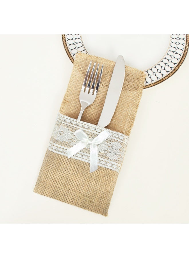 10 Pcs 4.33 x 8.26 Inch Wedding Natural Burlap Lace Utensil Holders Pouch Burlap Silverware Cutlery Pouch Tableware Holder Bag for Rustic Wedding Bridal Shower Decorations - Image 3