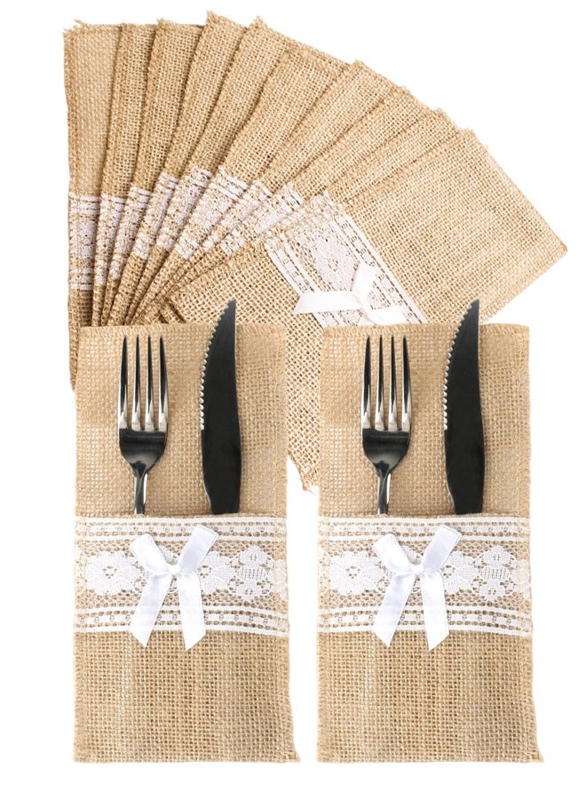 10 Pcs 4.33 x 8.26 Inch Wedding Natural Burlap Lace Utensil Holders Pouch Burlap Silverware Cutlery Pouch Tableware Holder Bag for Rustic Wedding Bridal Shower Decorations - Image 1