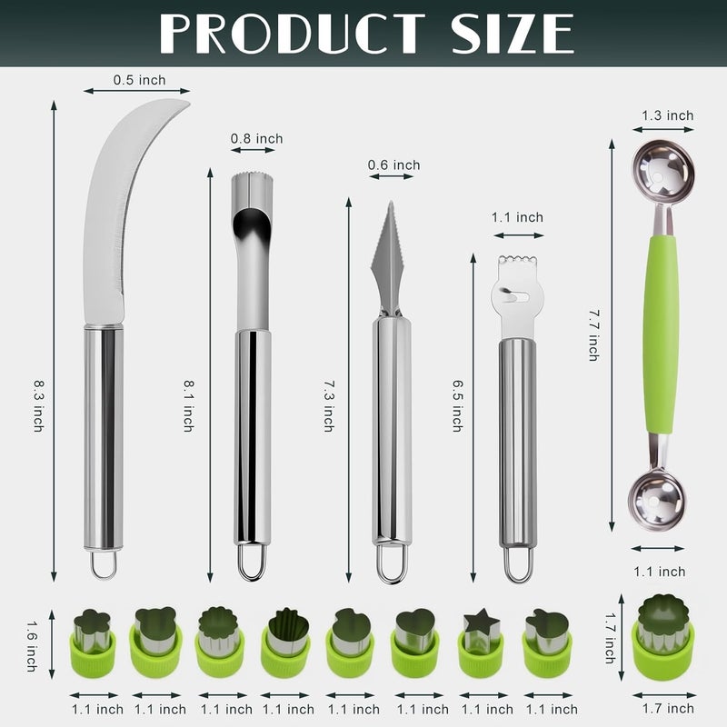 Krbnk 14PCS Fruit Carving Tools Set, Stainless Steel Melon Baller Scoop Set, Fruit Cutters Shapes, Cantaloupe Cutter Slicer Tool Piranha Spiral Cutter and V Tool for Fruits Vegetable Sculpting - Image 2