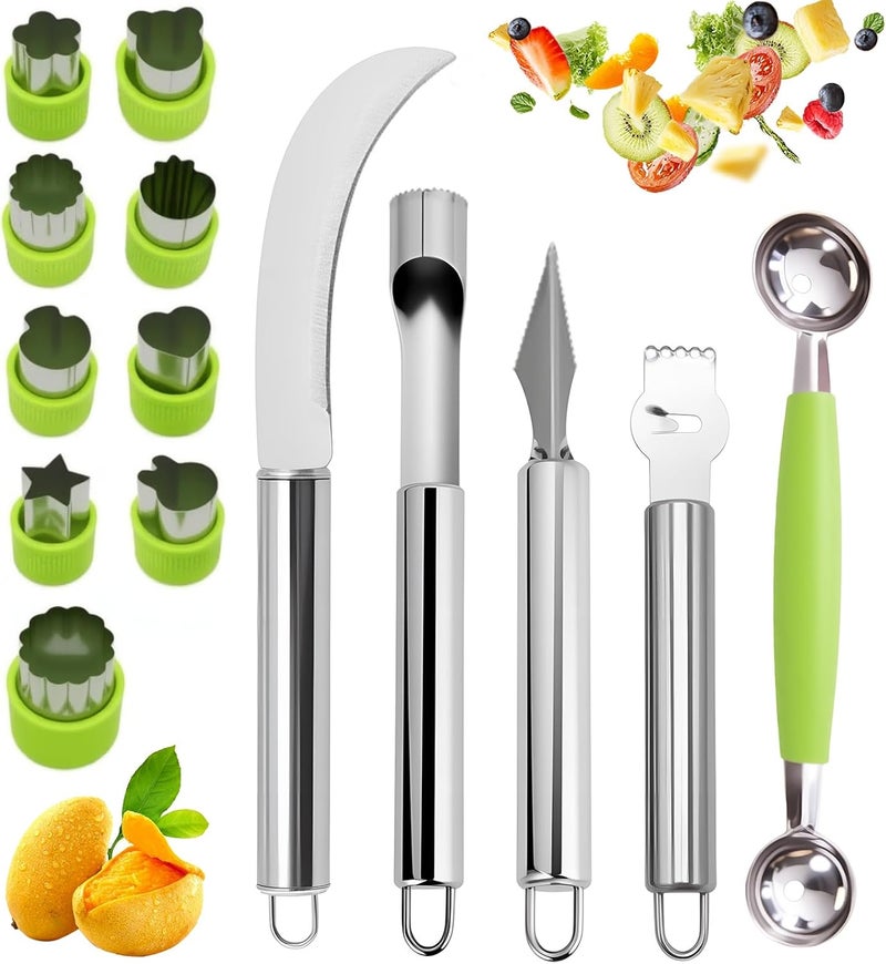 Krbnk 14PCS Fruit Carving Tools Set, Stainless Steel Melon Baller Scoop Set, Fruit Cutters Shapes, Cantaloupe Cutter Slicer Tool Piranha Spiral Cutter and V Tool for Fruits Vegetable Sculpting - Image 1