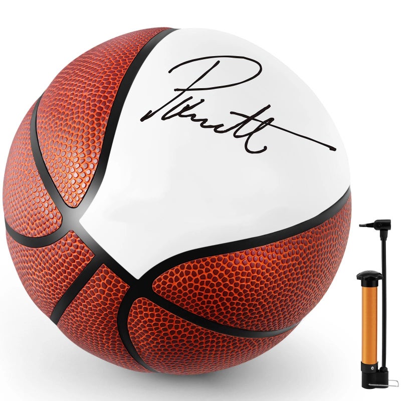 HI-BOOM Hiboom Blank Basketball with One Large White and 6 Brown Panels Autograph Memorabilia Official Size 1 with Air Pump for Awards Trophy Coach Basketball Lover Gift Indoor Outdoor - Image 1