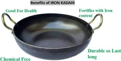 DiBha DiBha Traditional Iron Kadai Handmade Loha Lokhandi Kadhai Round Bottom Fry Pan with Golden Steel Ring Diameter195cm  - Image 3