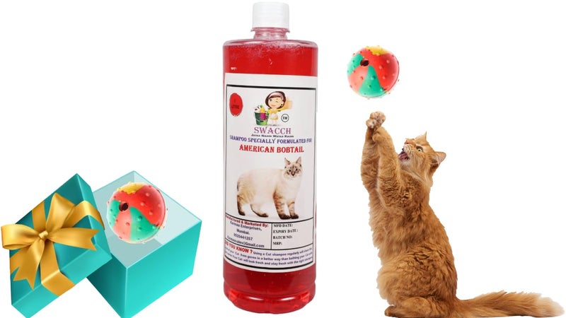 swacch American Bobtail Cat Shampoo + Rubber Musical Ball I Chew Playing Rubber Ball I Interactive Cat Toy Balls I Training & Play I Combo Pack I 1 Litre Strawberry - Image 1