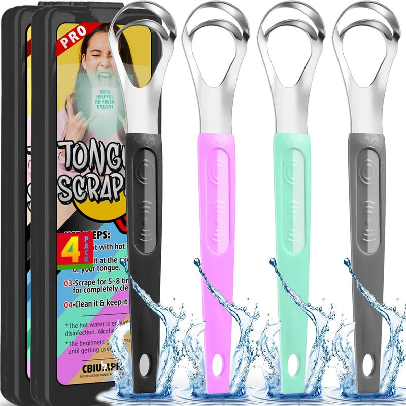 Cbiumpro 4-Pack Tongue Scraper for Kids & Adults, Stainless Steel Tongue Cleaner with Travel Case, Reduce Bad Breath - Image 1