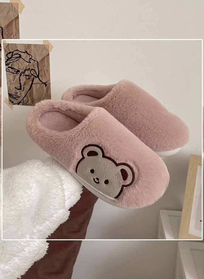 NIBEMINENT Lovely Bear Design Female Cotton Slippers Autumn And Winter Home Indoor Non-Slip Thick Comfot Soft Bottom Warm Bedroom for Women Pink  - Image 1