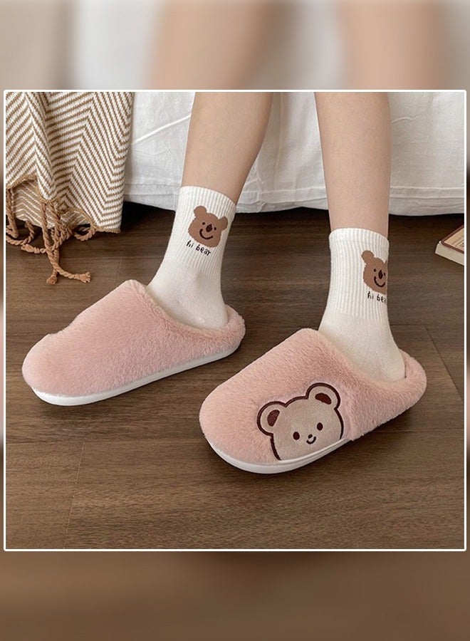 NIBEMINENT Lovely Bear Design Female Cotton Slippers Autumn And Winter Home Indoor Non-Slip Thick Comfot Soft Bottom Warm Bedroom for Women Pink  - Image 4