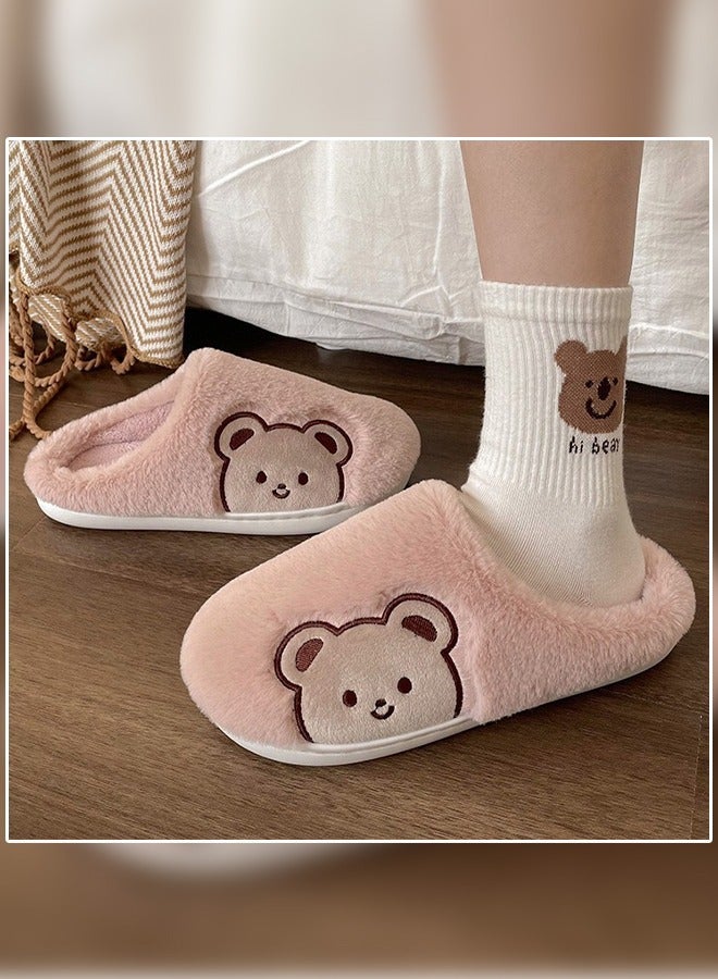 NIBEMINENT Lovely Bear Design Female Cotton Slippers Autumn And Winter Home Indoor Non-Slip Thick Comfot Soft Bottom Warm Bedroom for Women Pink  - Image 2