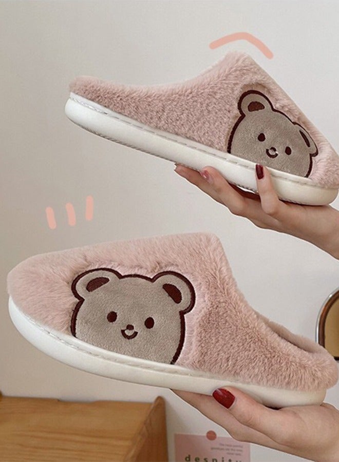 NIBEMINENT Lovely Bear Design Female Cotton Slippers Autumn And Winter Home Indoor Non-Slip Thick Comfot Soft Bottom Warm Bedroom for Women Pink  - Image 3