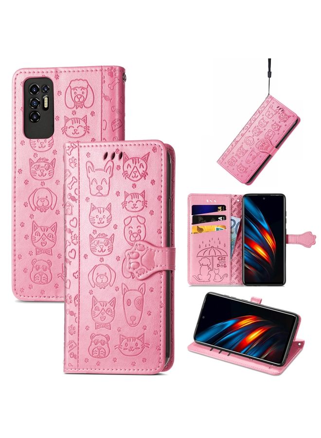 HuHa Case Cover For For Tecno Pova 2 Lovely Cat and Dog Embossing Pattern Horizontal Flip Leather Phone Case with Holder & Card Slots & Wallet & Cartoon Clasp & Lanyard(Pink) 