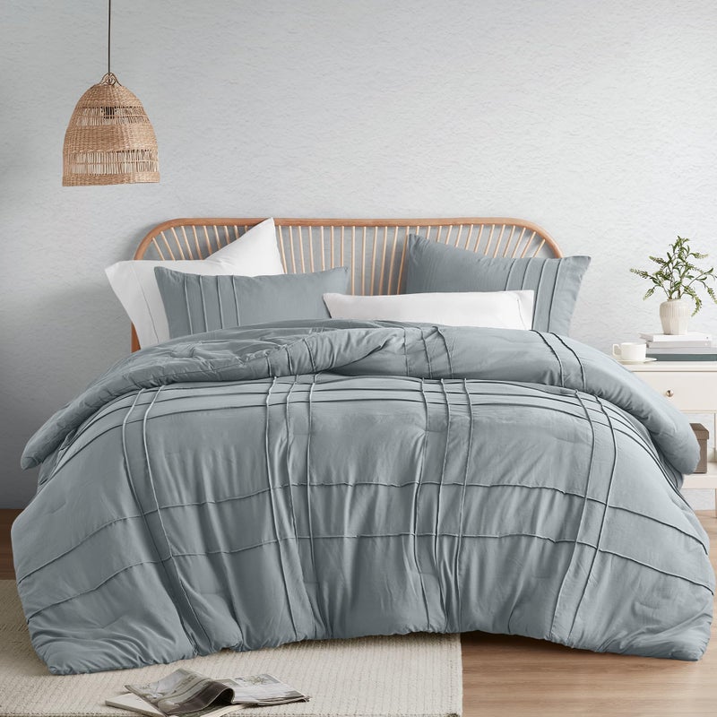 Comfort Spaces Blue/Grey Queen Size Comforter Set - 3 Pieces Pintuck Pleated Bedding Sets Queen, All Season Lightweight, Extra Softness Pre-Washed Microfiber Queen Bed Set, Shams, Full/Queen - Image 1