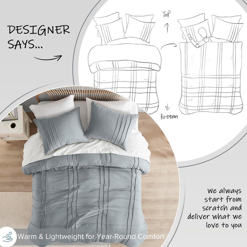 Comfort Spaces Blue/Grey Queen Size Comforter Set - 3 Pieces Pintuck Pleated Bedding Sets Queen, All Season Lightweight, Extra Softness Pre-Washed Microfiber Queen Bed Set, Shams, Full/Queen - Image 4