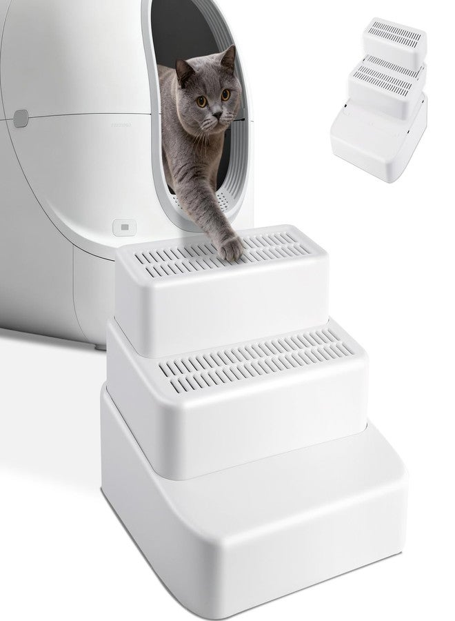 Bartuke Adjustable 3 Steps Litter Box Ramp, Litter Box Step with Filter Function, Easy to Clean Cat Litter Stair Catcher for Older Cats and Small Cats (White) - Image 1