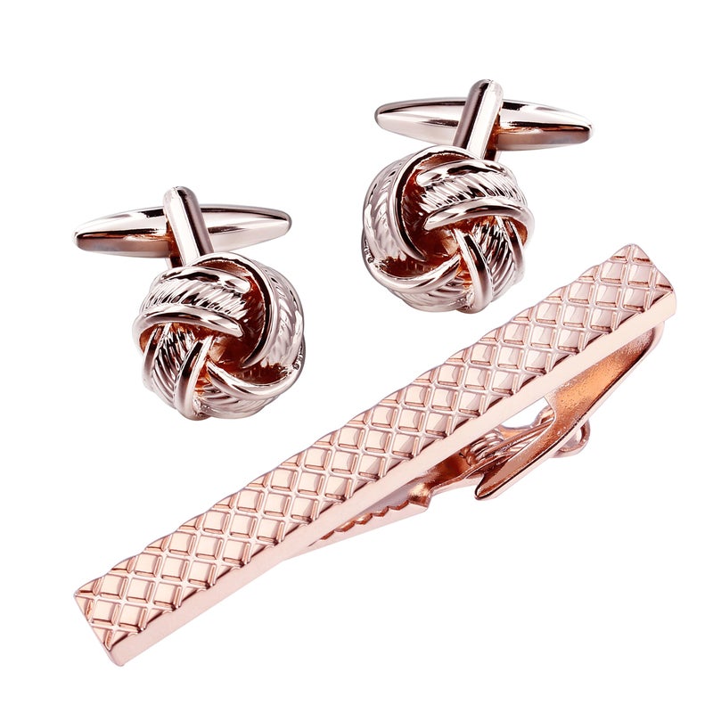HAWSON Cufflinks and Tie Clip Set for Men, Knotted Cuff Links for men, 2 inch Tie Bar Clips, Gifts for Wedding Business - Image 1