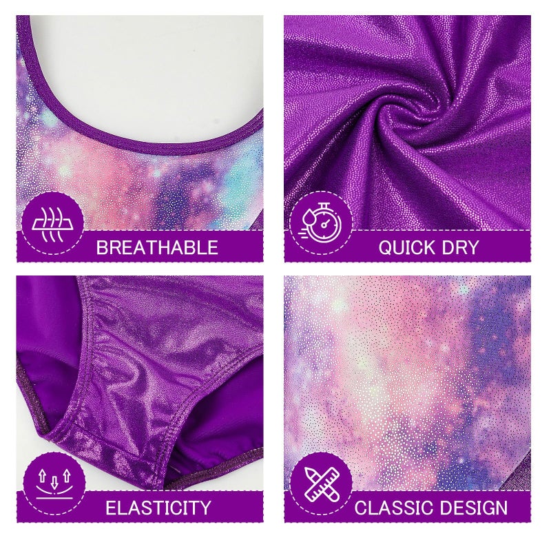 Gogokids Gymnastics Leotards for Girls Long Sleeve Sparkly Rhinestone Dance Unitard with Shorts & Scrunchie Activewear, E-purple, 8-9 years, 130 - Image 4