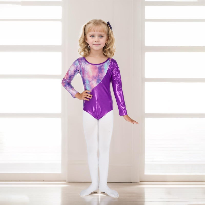 Gogokids Gymnastics Leotards for Girls Long Sleeve Sparkly Rhinestone Dance Unitard with Shorts & Scrunchie Activewear, E-purple, 8-9 years, 130 - Image 3