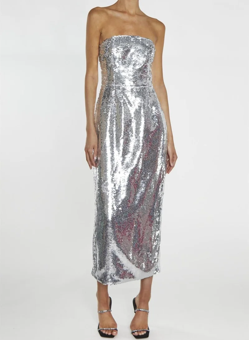 True Decadence Paris Silver Sequin Bandeau Tailored Midaxi Dress