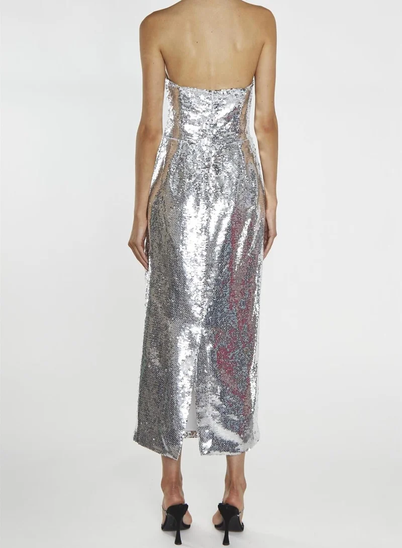 True Decadence Paris Silver Sequin Bandeau Tailored Midaxi Dress