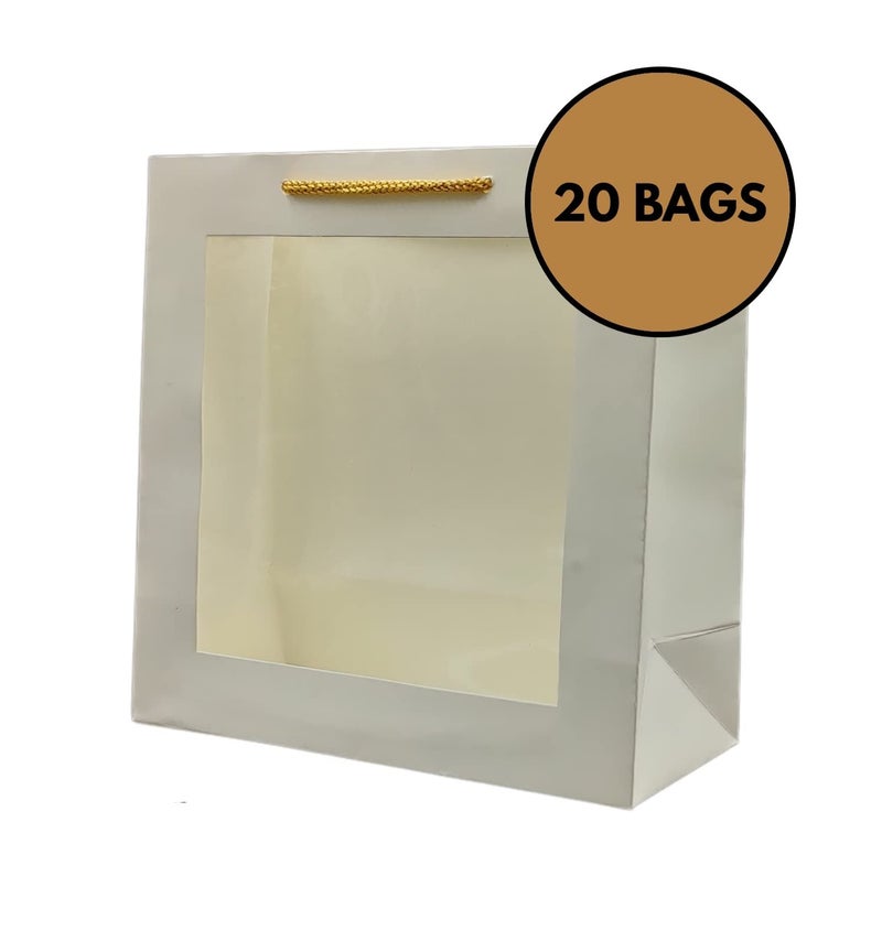 Arrow Paper Products White Transparent Window Bag Printed Gift Bags For Gifting | Weddings | Birthday | Holiday Presents (Size 9 X 9 X 4 Inch | Pack of 20) - Image 2
