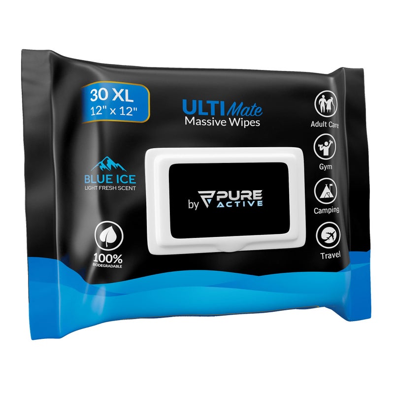 Pure Active XXL Body Wipes for Face and Body Deodorizing Mens Shower Wipes for Camping Travel and After Workout 12x12 Blue Ice Scented 30 Pack