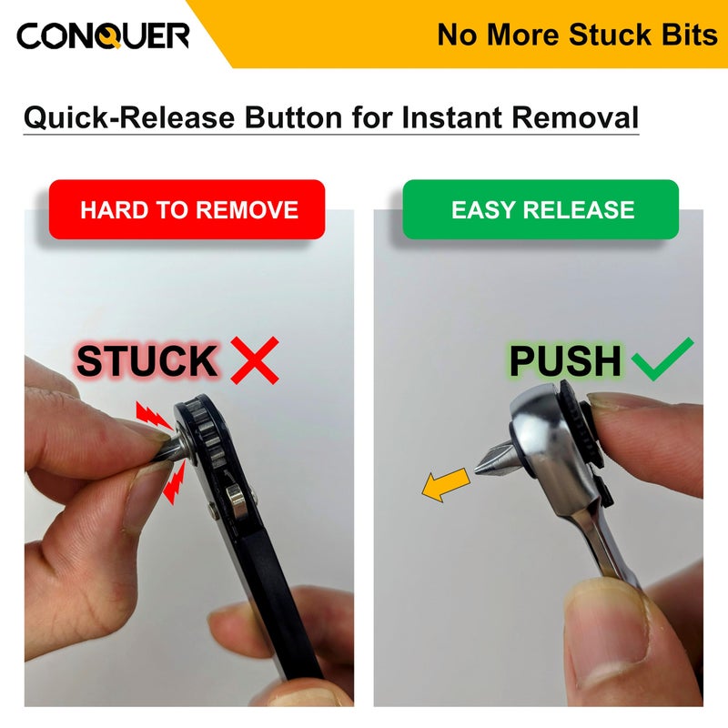 CONQUER Mini Combo Dual Ratchet Wrench with 1/4" Square Drive and Bit Drive High 72-Tooth Gear Head and Spin Disk for Tight Spaces - Image 3