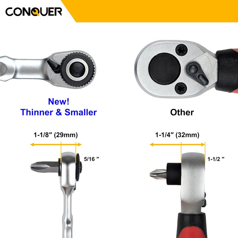 CONQUER Mini Combo Dual Ratchet Wrench with 1/4" Square Drive and Bit Drive High 72-Tooth Gear Head and Spin Disk for Tight Spaces - Image 5
