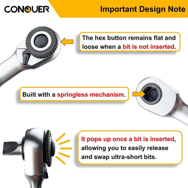 CONQUER Mini Combo Dual Ratchet Wrench with 1/4" Square Drive and Bit Drive High 72-Tooth Gear Head and Spin Disk for Tight Spaces - Image 4