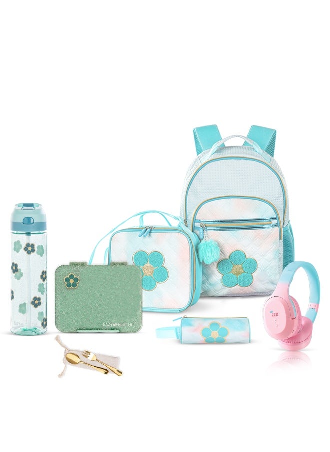 Eazy Kids Eazy Kids 18" Set of 6 Backpack w/ Water Bottle, Lunch Box, Lunch Bag and Pencil Case & BT Headset - Flora Green  - Image 1