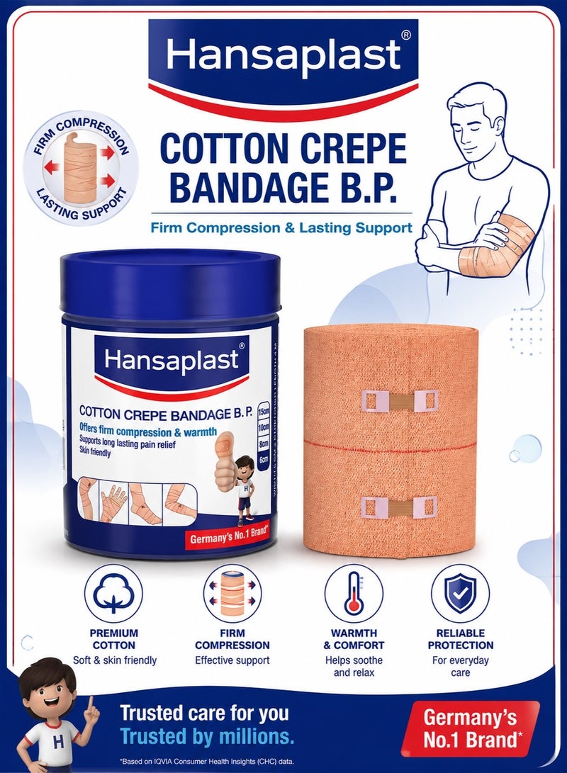 Hansaplast Soft Cotton Pain Relief Crepe Bandage B.P. Pack of 1 (6CMx4MTR) | Offers Firm Compression & Warmth | Supports Long Lasting Pain Relief | Skin Friendly - Image 1
