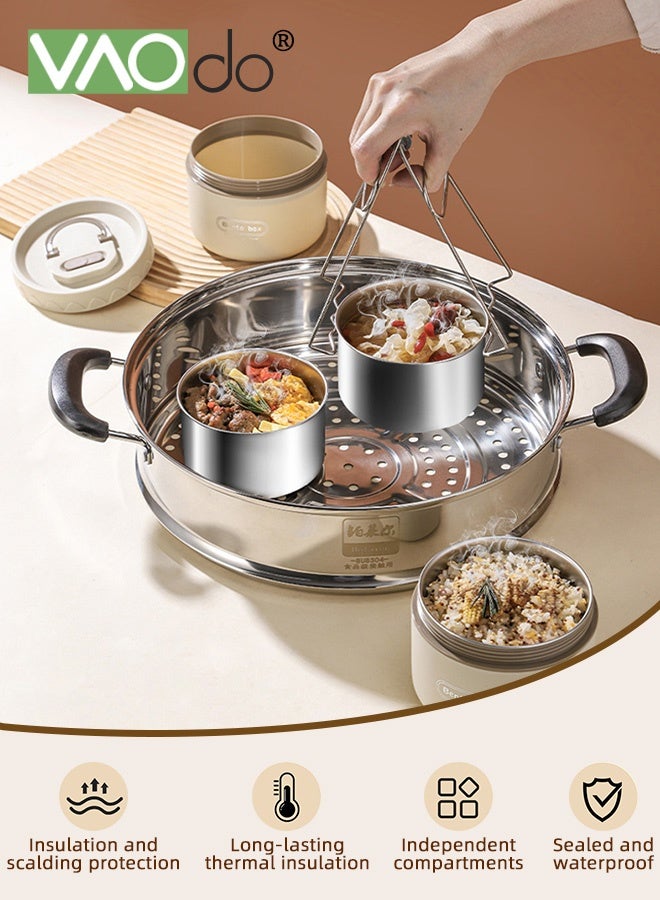 فاو دو 3 قطع صندوق بينتو معزول مع حقيبة، حاوية غداء محمولة من الفولاذ المقاوم للصدأ 304، صندوق غداء آمن للاستخدام في الميكروويف 400 مللي + 600 مللي - Image 2