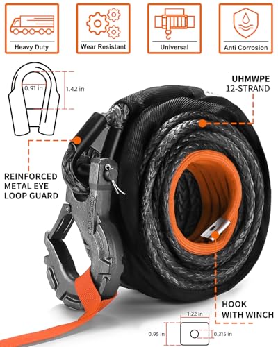 ALL-TOP Synthetic Winch Rope w/Hook & Isolator, 1/2in x 92ft, 31500Lbs UHMWPE Cable Replace Kit, Forged Hook & Rubber Stopper & Safety Pull Strap - Image 3
