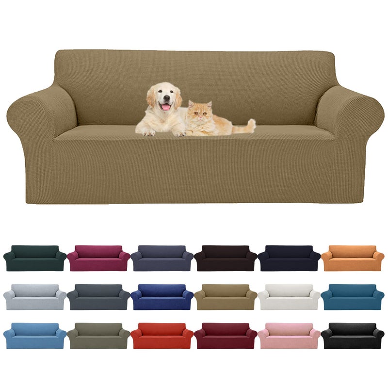Cupuamon 2024 Newest Stretch Oversized Sofa Slipcovers Couch Sofa Cover for 4 Seater Furniture Protector Covers with Elastic Bottom Jacquard Fabric Small Checks for Pets  Kids - Tan - Image 1