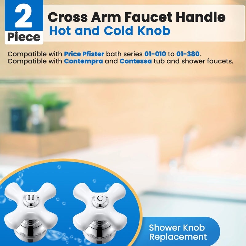 Enhon 2 Pcs Handle Set, Cross Arm Handle Compatible with Price Pfister Shower Valve, Hot and Cold, Fits 12 Point Broach Stem, Chrome Finish White - Image 3