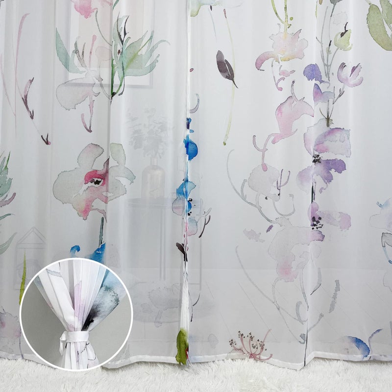 Fereyis Floral Leaves Curtains for Living Room 63 inch Length 2 Panels Set Elegant Blue Pink Spring Flower Printed Window Curtain Natural Sheer Curtains Chiffon Drapes for Bedroom - Image 4