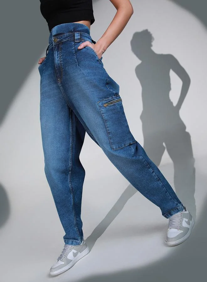 Hubberholme Hubberholme High Rise Faded Regular Fit Jeans with Zip Pocket Detail