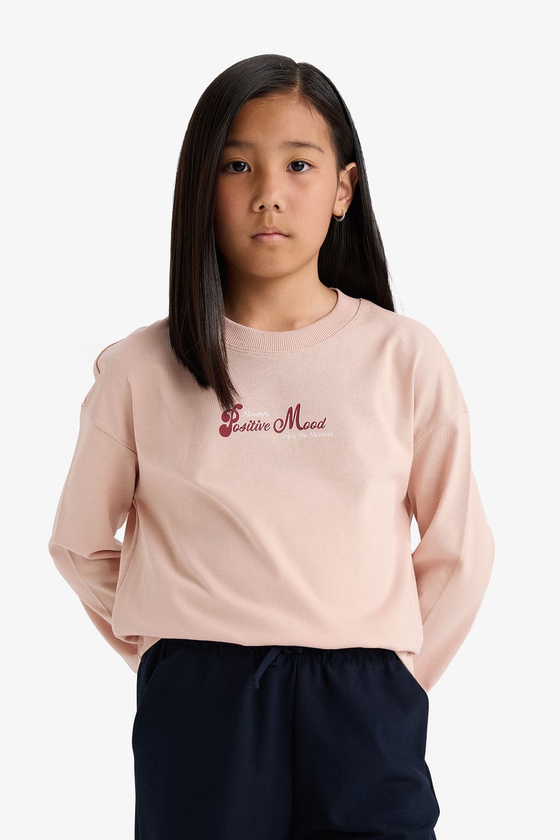 DeFacto Beige Girl Girl Relax Fit Crew Neck Printed Thin Sweatshirt Casual - Image 3