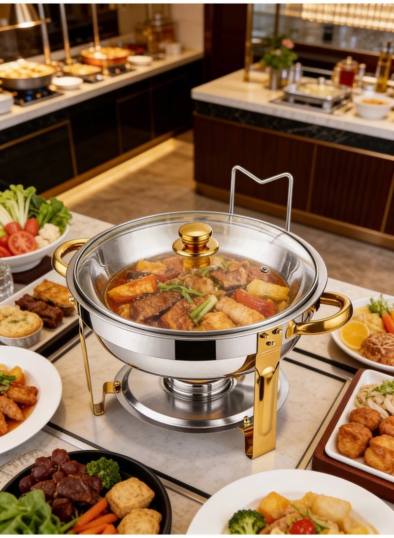 Stainless steel buffet warmer with glass lid, 4.5-liter water bowl, and internal divider; suitable for hotel restaurants, buffets, etc. - Image 1
