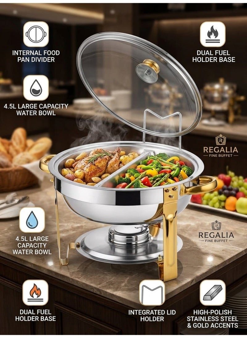 Stainless steel buffet warmer with glass lid, 4.5-liter water bowl, and internal divider; suitable for hotel restaurants, buffets, etc. - Image 1