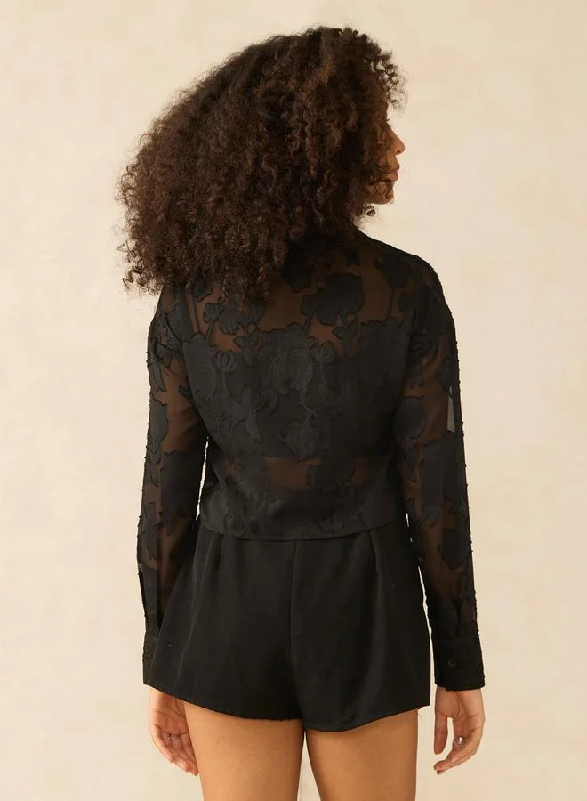 Outzidr  Black Sheer Jacquard Pattern Crop Shirt for Women | Best Price UAE
