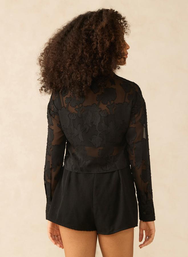 OUTZIDR Black Sheer Jacquard Pattern Crop Shirt - Image 4