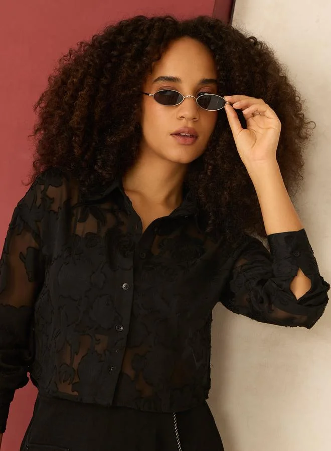 OUTZIDR Black Sheer Jacquard Pattern Crop Shirt